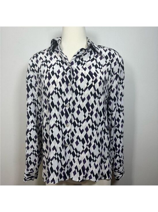 the work collection Tops - Vintage Silk Purple and White Geometric Women's Button Down Shirt Small